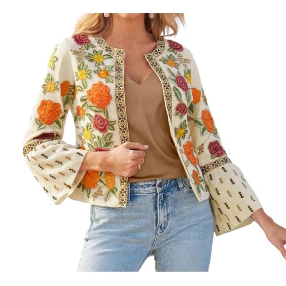 Boston Proper Floral Embroidered Metallic Trim Jacket XL - Picture 1 of 9